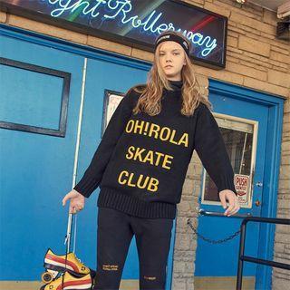 Round-neck Letter-embroidered Boxy Sweater Black - One Size