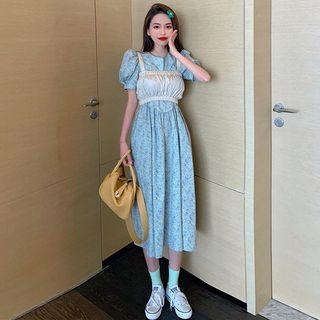 Balloon-sleeve Floral Print Midi A-line Dress / Shirred Camisole Top