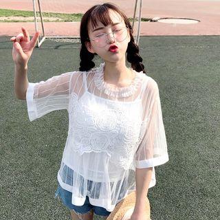 Set: Mesh Elbow-sleeve Top + Camisole