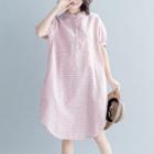 Elbow-sleeve Striped Buttoned Dress