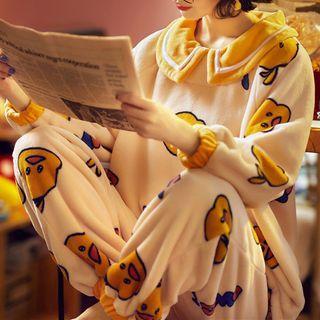 Loungewear Set : Long-sleeve Lapel Duck Print Top + Pants