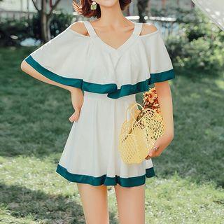 Contrast Trim Cold Shoulder Swimdress