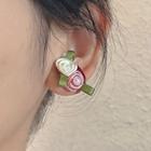 Rose Faux Pearl Earring 1 Pair - 2554a - White & Pink & Green - One Size
