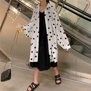 Dotted Print Long Shirt / Spaghetti-strap V-neck A-line Dress