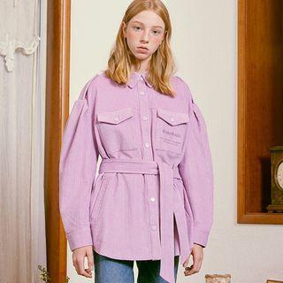 Epaulet Corduroy Shirt Jacket With Sash Lavender - One Size