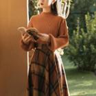 Puff-sleeve Ribbed Knit Sweater / Plaid Midi A-line Skirt / Set