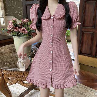 Short-sleeve Ruffle Trim Plaid Mini A-line Dress