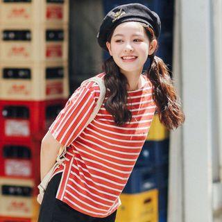 Short-sleeve Stripe Slit-side T-shirt