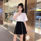 Elbow-sleeve Knotted Chiffon Top / Zip A-line Mini Skirt / Set