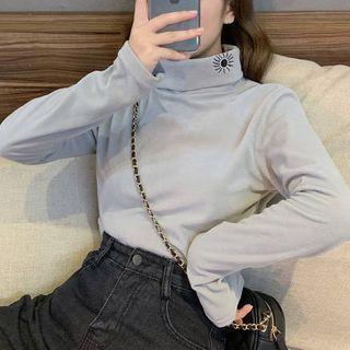 Long-sleeve Embroidery Mock-neck Top