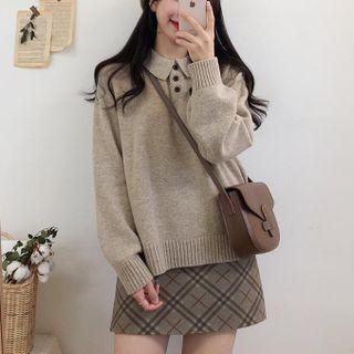 Set: Polo Sweater + Plaid Mini A-line Skirt