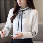 Embroidered Long Sleeve Lace-up Blouse
