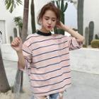 Striped Cold Shoulder Elbow-sleeve T-shirt