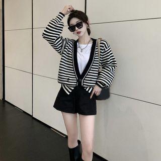 Details Striped Loose Cardigan Black - One Size