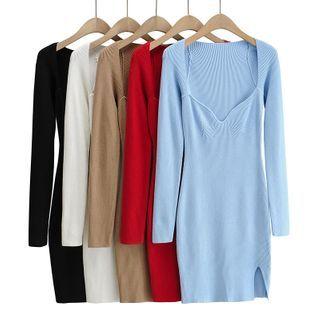 Long-sleeve Knit Plunge-neck Mini Bodycon Dress
