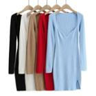 Long-sleeve Knit Plunge-neck Mini Bodycon Dress