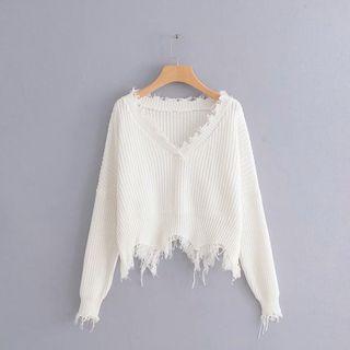 Long-sleeve Fringed Hem Knit Top