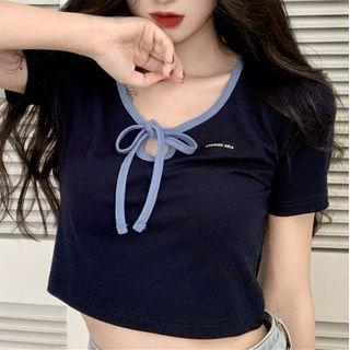Short-sleeve Tie Neck T-shirt Navy Blue - One Size