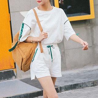 Set: Contrast Trim Elbow-sleeve T-shirt + Shorts