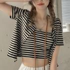 Set: Striped Cropped Camisole Top + Short-sleeve Open Front T-shirt