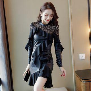 Long-sleeve Lace Panel Faux Leather Mini Dress