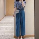 Short-sleeve Pinstriped Shirt / Wide Leg Jeans / Set