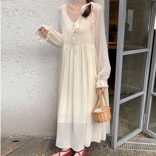 Puff Sleeve Light Jacket / Lace Panel Spaghetti Strap Dress