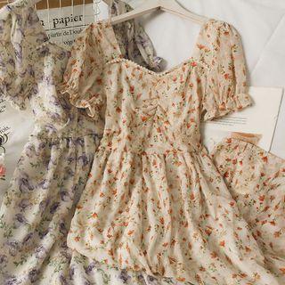 Pearl-neckline Embroidered Printed Midi Dress