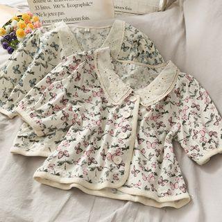 Peter Pan-collar Butterfly-print Crop Blouse