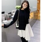 Mock Two-piece Long-sleeve Mini A-line Knit Dress Black - One Size
