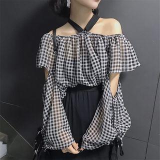 Gingham Off-shoulder Cut Out Chiffon Blouse
