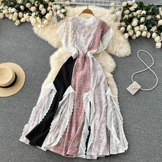 Short-sleeve Print Panel Asymmetrical Maxi A-line Dress