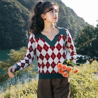 Polo-neck Argyle Print Knit Top Red & Green - One Size