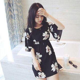 Short-sleeve Floral Print Mini A-line Dress Floral - One Size
