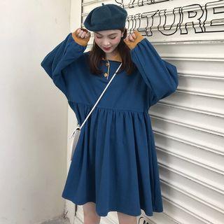 Contrast Trim Long-sleeve Collared Dress Blue - One Size
