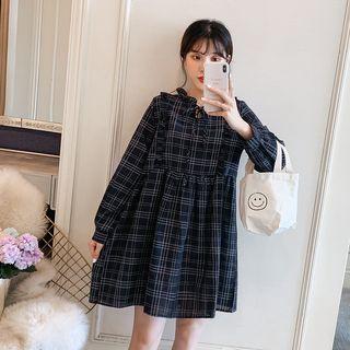 Long-sleeve Plaid Ruffled A-line Dress