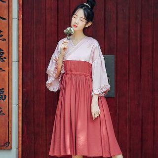 Flower Embroidered Ruffled Bell-sleeve Midi A-line Dress