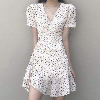 Short-sleeve Floral Drawstring Mini Sundress