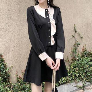 Long-sleeve Ruffle-trim Mini A-line Dress