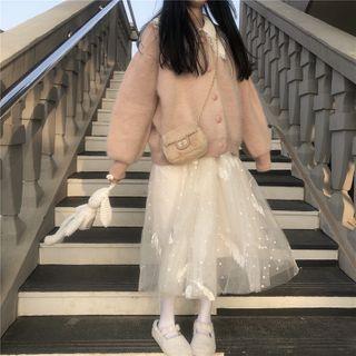 Plain Cardigan / Mesh Midi A-line Skirt
