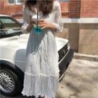 Pleated Long-sleeve Midi Chiffon Dress