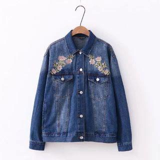 Floral Embroidery Buttoned Denim Jacket Denim Blue - One Size