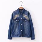 Floral Embroidery Buttoned Denim Jacket Denim Blue - One Size