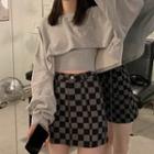 Plain Cropped Sweatshirt / Camisole Top / Checkerboard Pattern Mini Pencil Skirt