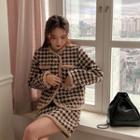 Set: Faux-fur Trim Houndstooth Jacket + Mini Skirt