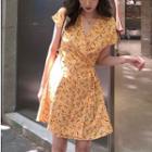 Floral Print V-neck Short-sleeve Dress Yellow - One Size