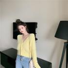 V-neck Plain Woolen Cardigan Yellow - One Size