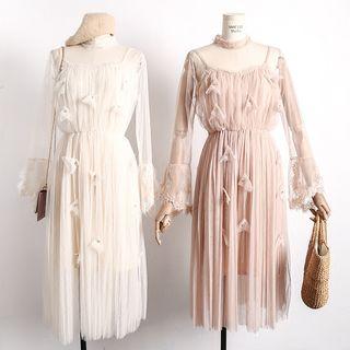 Sheer-panel Mesh A-line Dress With Slipdress