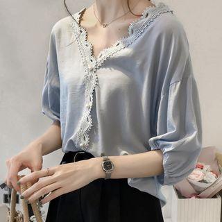 Elbow-sleeve Crochet Trim V-neck Top