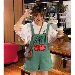 Cherry Embroidered Short-sleeve T-shirt / Pocket Detail Jumper Shorts